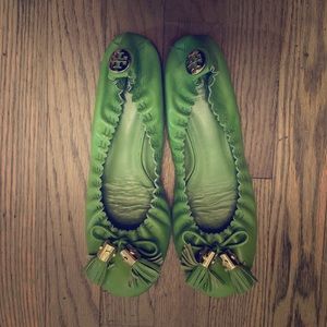 Tory Burch leather green flats. Size 7.  .